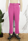 Rose Red Casual Solid Patchwork With Belt Regular High Waist Conventional Solid Color Trousers