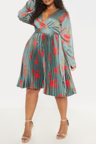 Casual Print Patchwork V Neck Pleated Plus Size Dresses