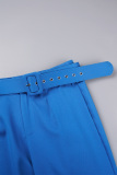 Blue Casual Solid Patchwork With Belt Regular High Waist Conventional Solid Color Trousers