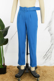 Blue Casual Solid Patchwork With Belt Regular High Waist Conventional Solid Color Trousers