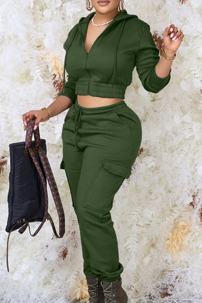 Casual Street Solid Color Draw String Pocket O Neck Long Sleeve Two Pieces
