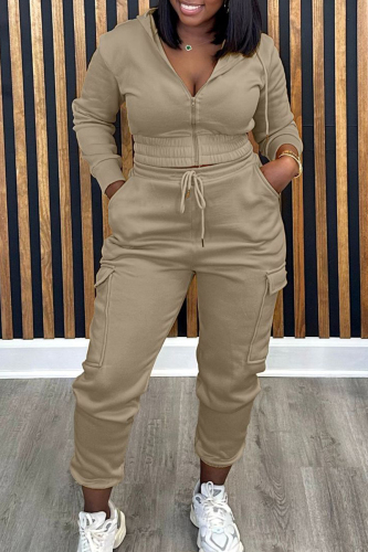 Khaki Casual Solid Patchwork Draw String Pocket Zipper Hooded Collar Long Sleeve Two Pieces