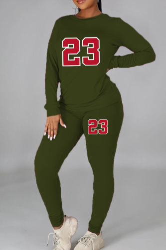 Army Green Casual Print Patchwork O Neck Long Sleeve Two Pieces