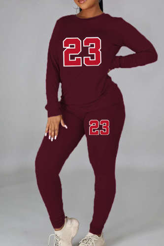 Burgundy Casual Print Patchwork O Neck Long Sleeve Two Pieces