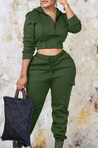 Army Green Casual Solid Patchwork Draw String Pocket Zipper Hooded Collar Long Sleeve Two Pieces