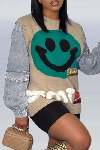Khaki Street Print Patchwork O Neck Tops