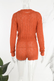 Tangerine Casual Solid Patchwork Draw String O Neck Long Sleeve Two Pieces