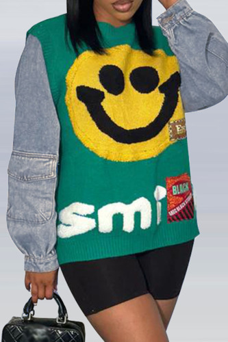 Green Street Print Patchwork O Neck Tops