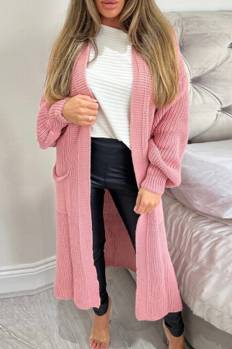 Deep Pink Casual Solid Cardigan Outerwear