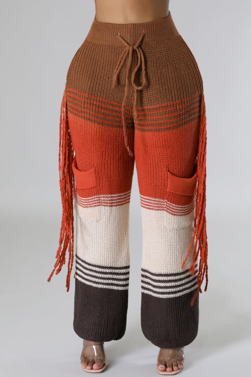 British Style Elegant Striped Tassel Patchwork High Waist Type A Patchwork Bottoms