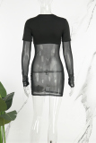 Black Sexy Letter Print Patchwork See-through O Neck Long Sleeve Dresses