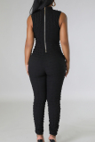 Casual Solid Patchwork Zipper O Neck Skinny Jumpsuits