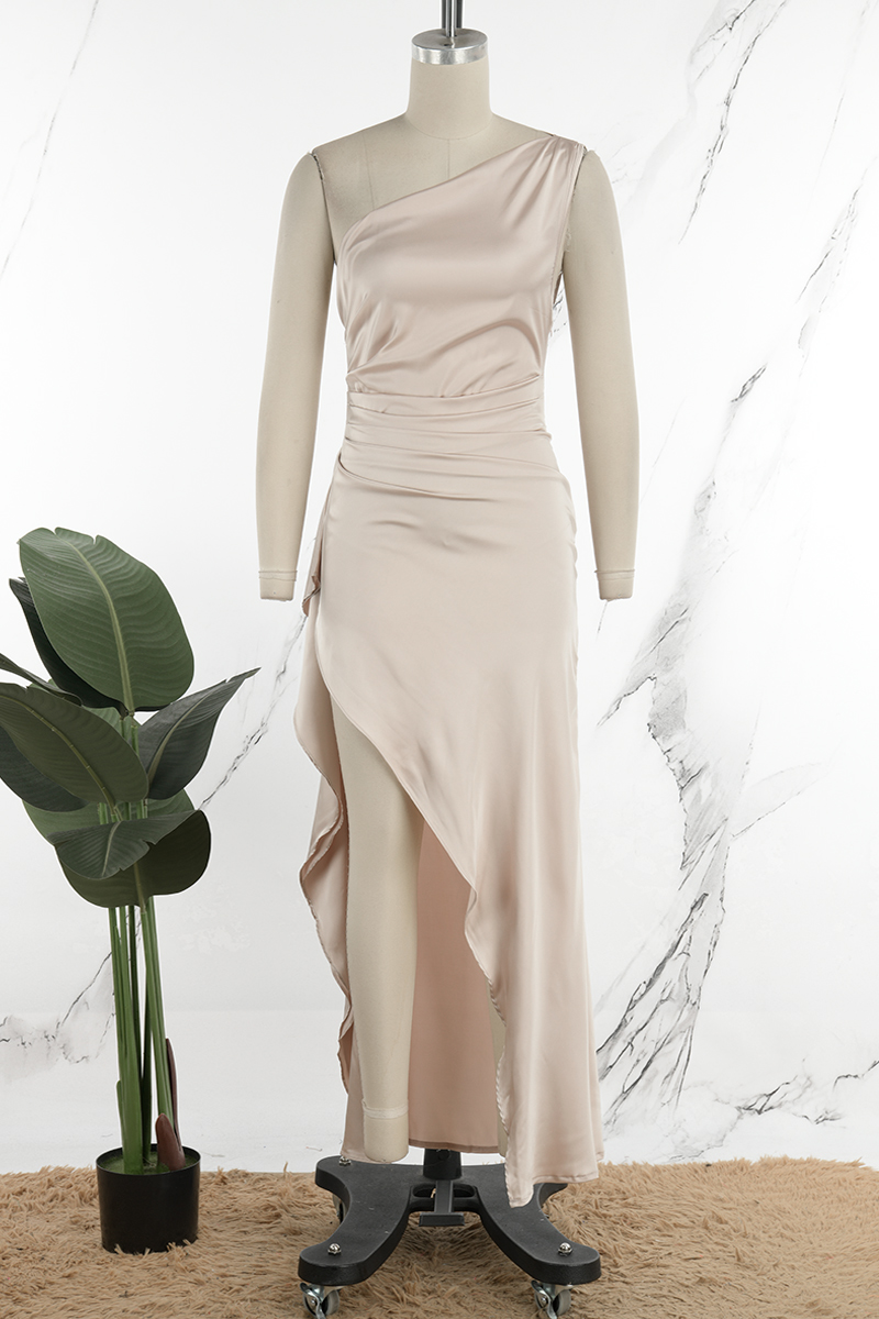 Chiffon Halter Open Back Long Dresses with Slit Champagne