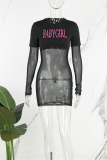 Black Sexy Letter Print Patchwork See-through O Neck Long Sleeve Dresses