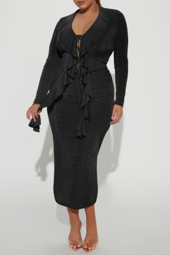 Casual Solid Frenulum V Neck Long Sleeve Two Pieces