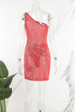 Red Sexy Patchwork Hot Drilling Backless Slit Oblique Collar Sleeveless Dress Dresses