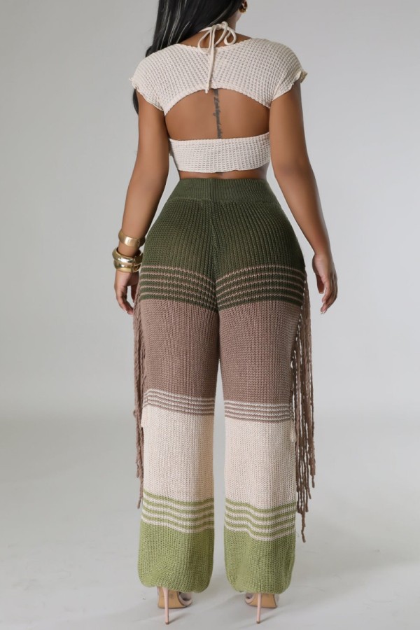 Casual Patchwork Hollowed Out Contrast Regular High Waist Trousers