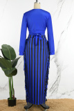 Deep Blue Casual Striped Frenulum V Neck Long Sleeve Two Pieces
