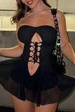 Sexy Casual Solid Hollowed Out Frenulum Backless Strapless Skinny Romper