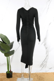Black Casual Solid Patchwork Fold V Neck Long Sleeve Dresses