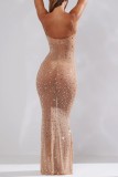 Sexy Patchwork Hot Drilling See-through Backless Spaghetti Strap Long Dress Dresses