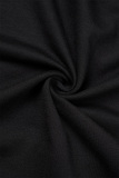 Black Street Print Patchwork Draw String Slit Hooded Collar Long Sleeve Dresses