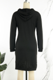 Black Street Print Patchwork Draw String Slit Hooded Collar Long Sleeve Dresses