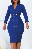 Deep Blue Casual Solid Patchwork With Belt Turndown Collar Long Sleeve Dresses