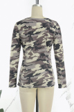 Multicolor Casual Camouflage Print Basic V Neck Tops