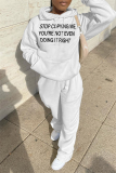 Casual Print Draw String Letter Hooded Collar Tops