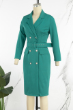 Green Casual Solid Patchwork With Belt Turndown Collar Long Sleeve Dresses