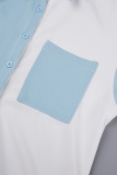 Sky Blue Casual Color Block Patchwork Pocket Buckle Shirt Collar Long Sleeve Two Pieces