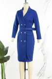 Deep Blue Casual Solid Patchwork With Belt Turndown Collar Long Sleeve Dresses