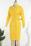 Yellow Casual Solid Patchwork With Belt Turndown Collar Long Sleeve Dresses