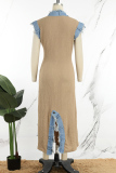 Camel Street Solid Patchwork High Opening V Neck Long Dress Dresses