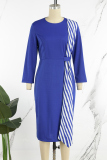 Deep Blue Casual Striped Patchwork O Neck Long Sleeve Dresses