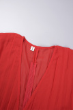 Red Casual Solid Patchwork Pleated V Neck Plus Size Two Pieces