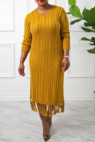 Turmeric Round Neck Long Sleeve Casual Fall Wear Cable Knit Midi Sweater Dress with Fringe Hem
