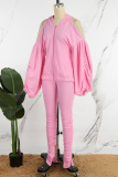 Pink Casual Solid Hollowed Out Patchwork Pocket Zipper Hooded Collar Long Sleeve Two Pieces