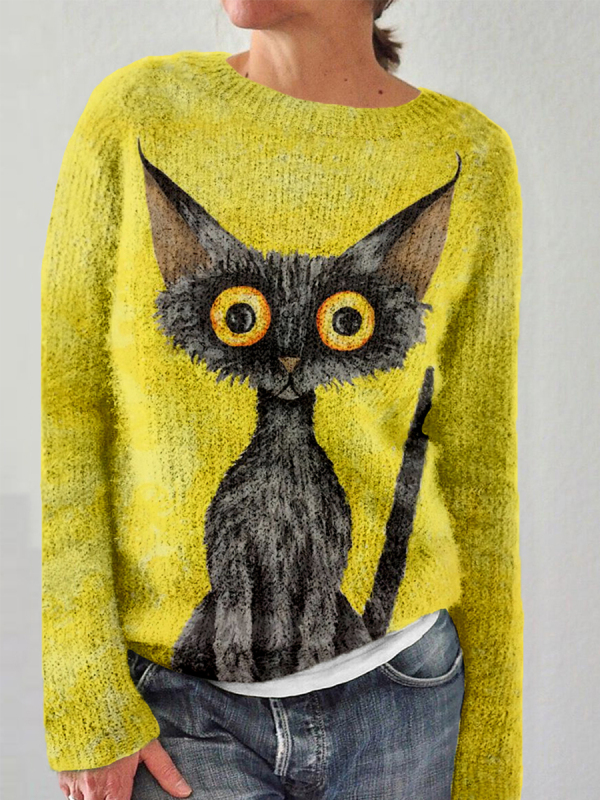 Lovely Black Cat Graphic Vintage Cozy Sweater