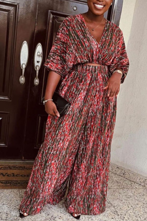 Red Tropical Print Deep V Neck Half Sleeve Crop Top and Palazzo Pants Daily Vacation Wide Leg Pant Suit