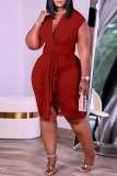 Casual Solid Fold V Neck Wrapped Skirt Plus Size Dresses