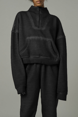 Black Street Solid Patchwork Pocket Zipper Mandarin Collar Tops