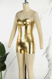 Gold Sexy Solid Backless Strapless Sleeveless Two Pieces