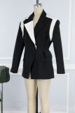Black Casual Patchwork Contrast Turn-back Collar Outerwear