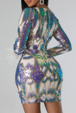 Elegant Print Sequins Patchwork Zipper V Neck Wrapped Skirt Dresses