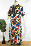 Black Casual Print Patchwork V Neck Long Dress Plus Size Dresses