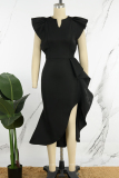 Black Casual Solid Flounce V Neck Irregular Dress Dresses (Without Belt)
