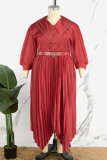 Red Casual Solid Patchwork V Neck Pleated Plus Size Dresses