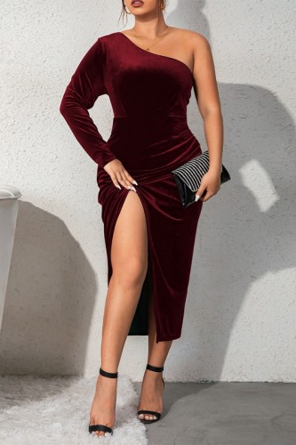 Sexy Casual Solid Backless Slit Oblique Collar Long Sleeve Plus Size Dresses